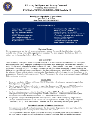 美国陆军情报与安全司令部空缺公告 INSCOM-AFSC-USAOG 06212024-0001 夏威夷檀香山
